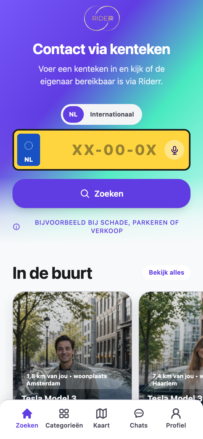 RIDERR zoekscherm met kentekeninvoer en bestuurders in de buurt