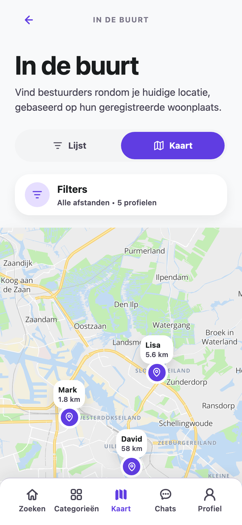 Kaartweergave van RIDERR met bestuurders rondom Amsterdam en een filterknop